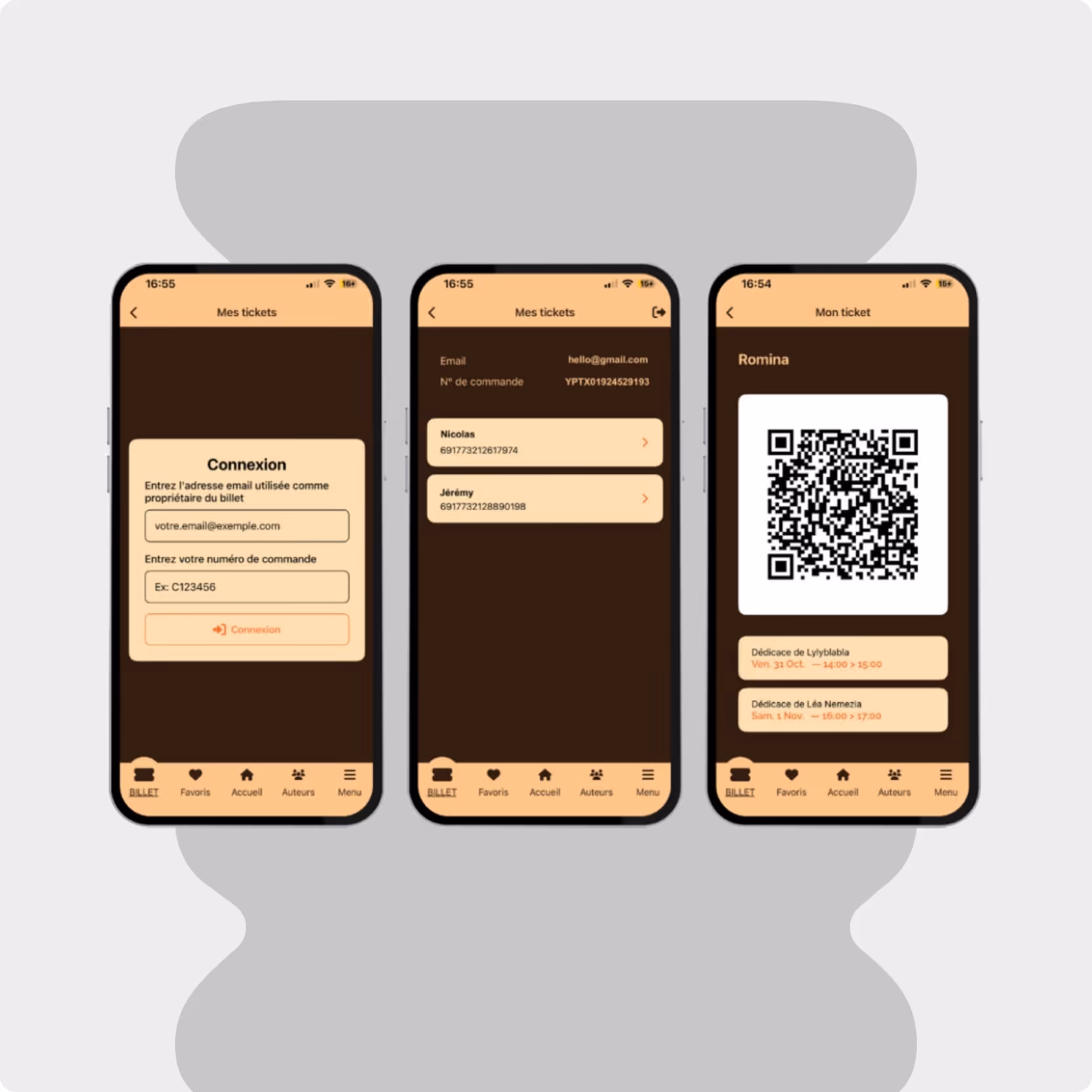 Trois écrans d'application mobile montrant connexion, tickets de clients, et QR code de billet.