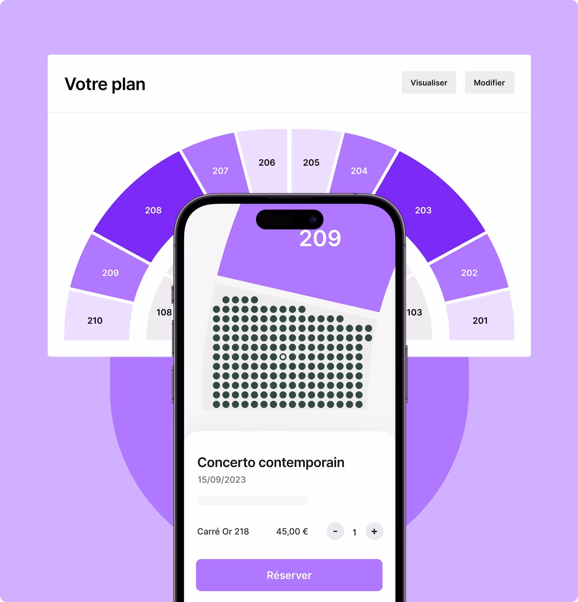 Plan de salle violet avec un téléphone montrant la réservation d un billet pour un concerto contemporain.