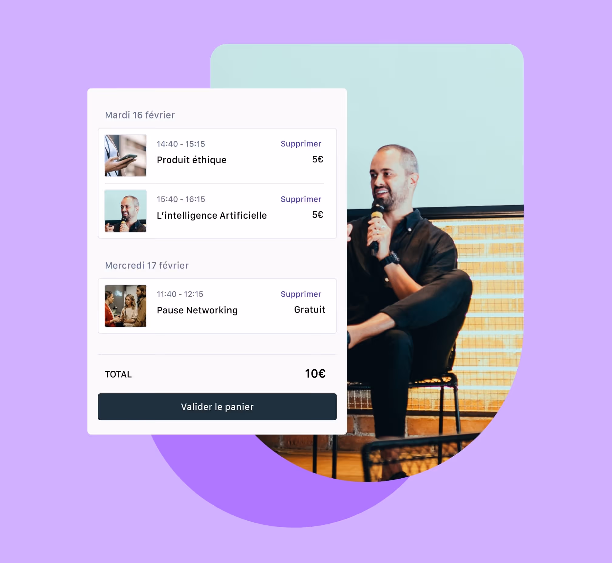Interface affichant un panier d'ateliers avec dates, titres, prix, et bouton de validation.