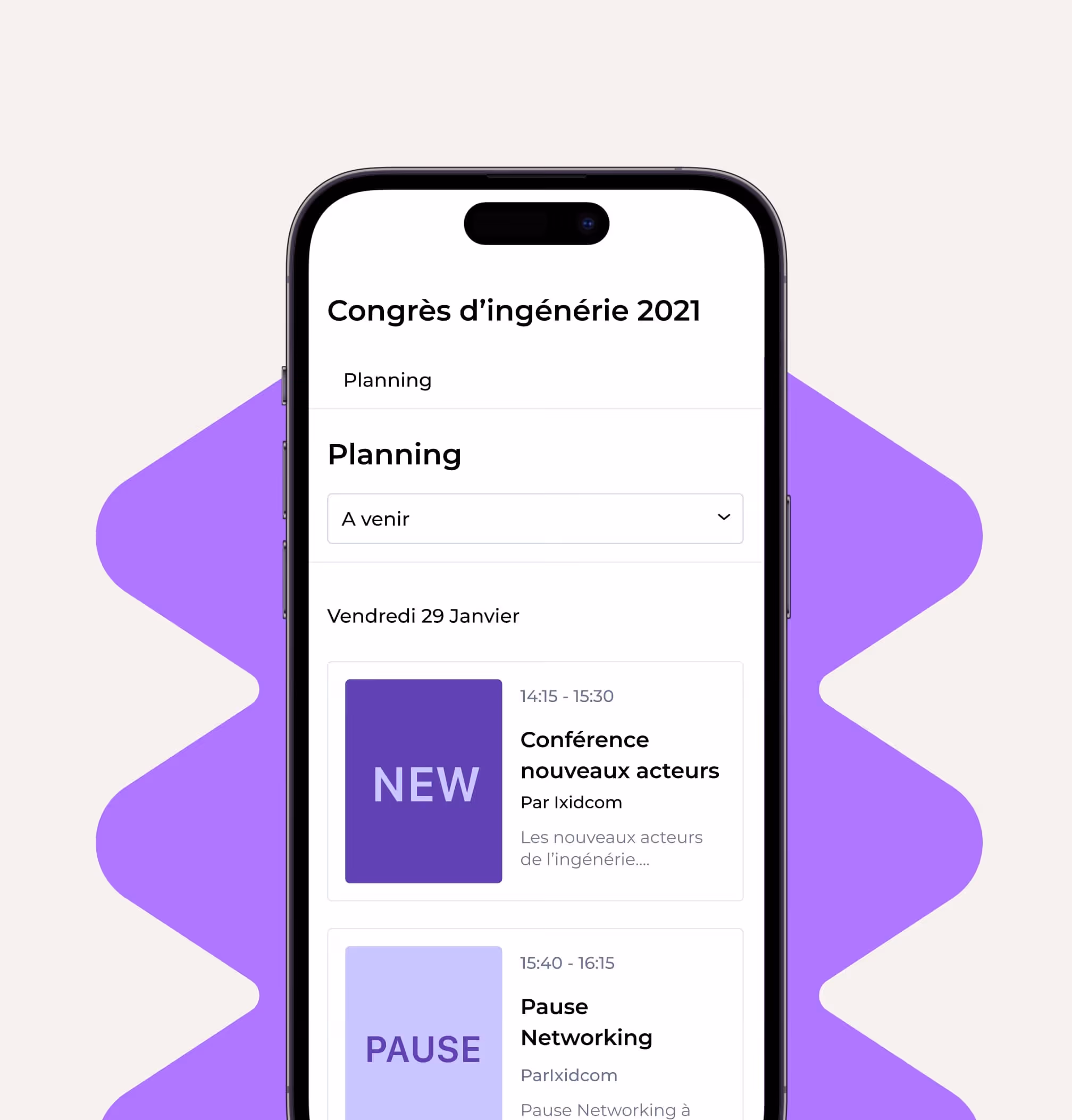 Écran de smartphone affichant le planning du congrès d'ingénierie 2021 avec conférence et pause networking.