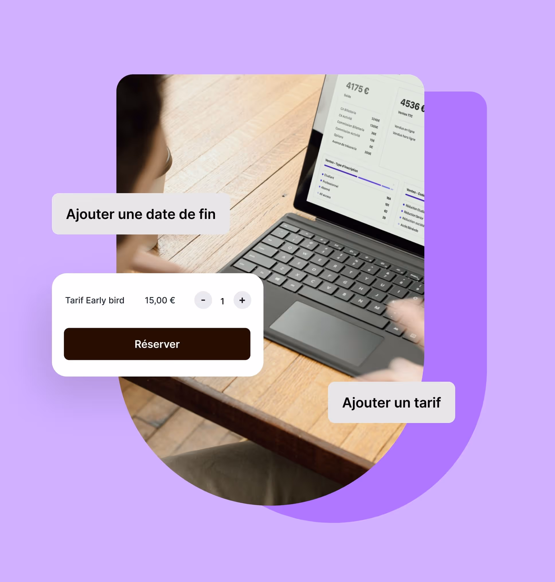 Personne utilisant un ordinateur portable montrant une interface de réservation avec tarif Early bird de 15 €.