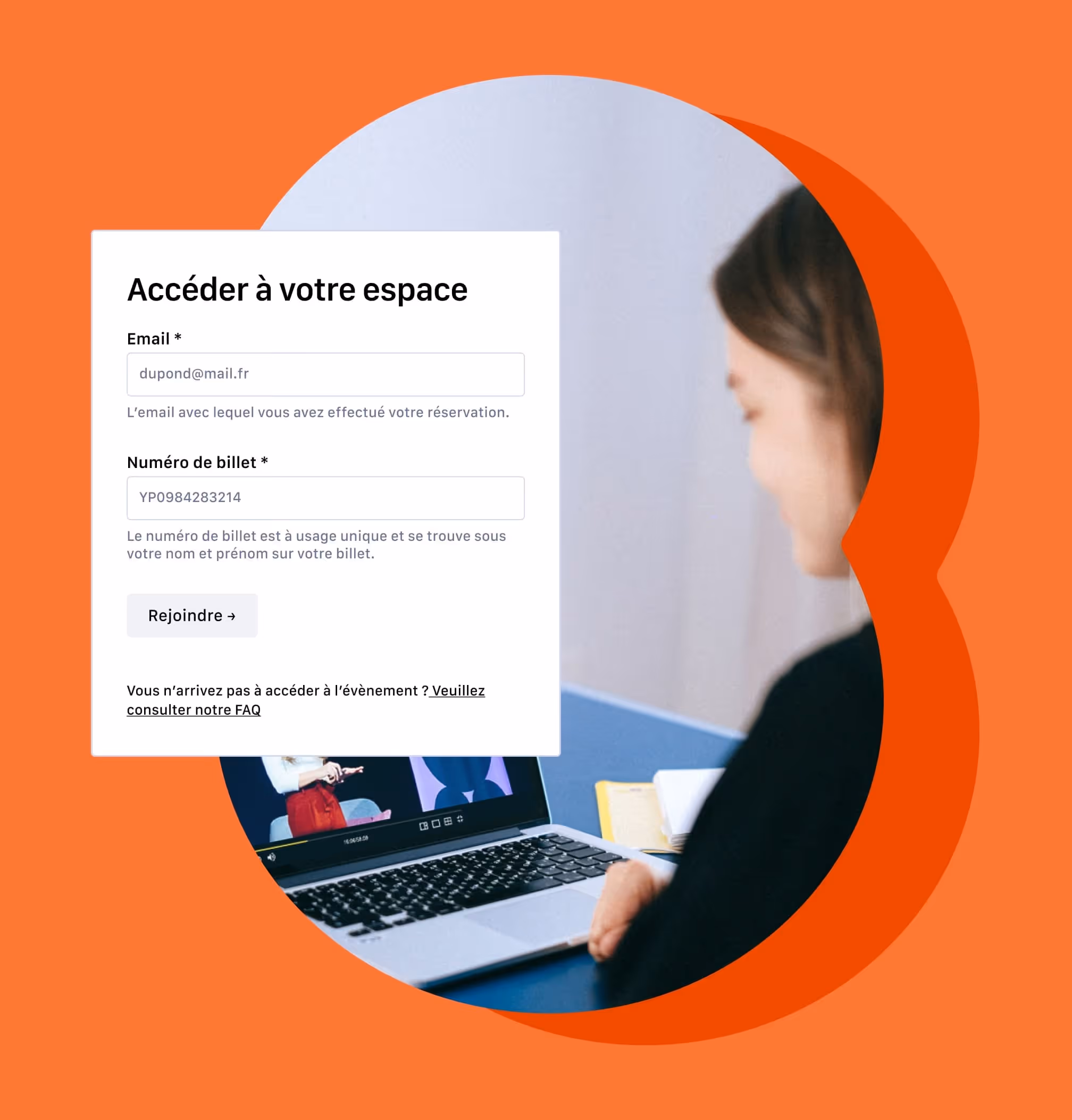 Personne regardant un ordinateur portable avec formulaire d'accès à un espace virtuel sur fond orange.
