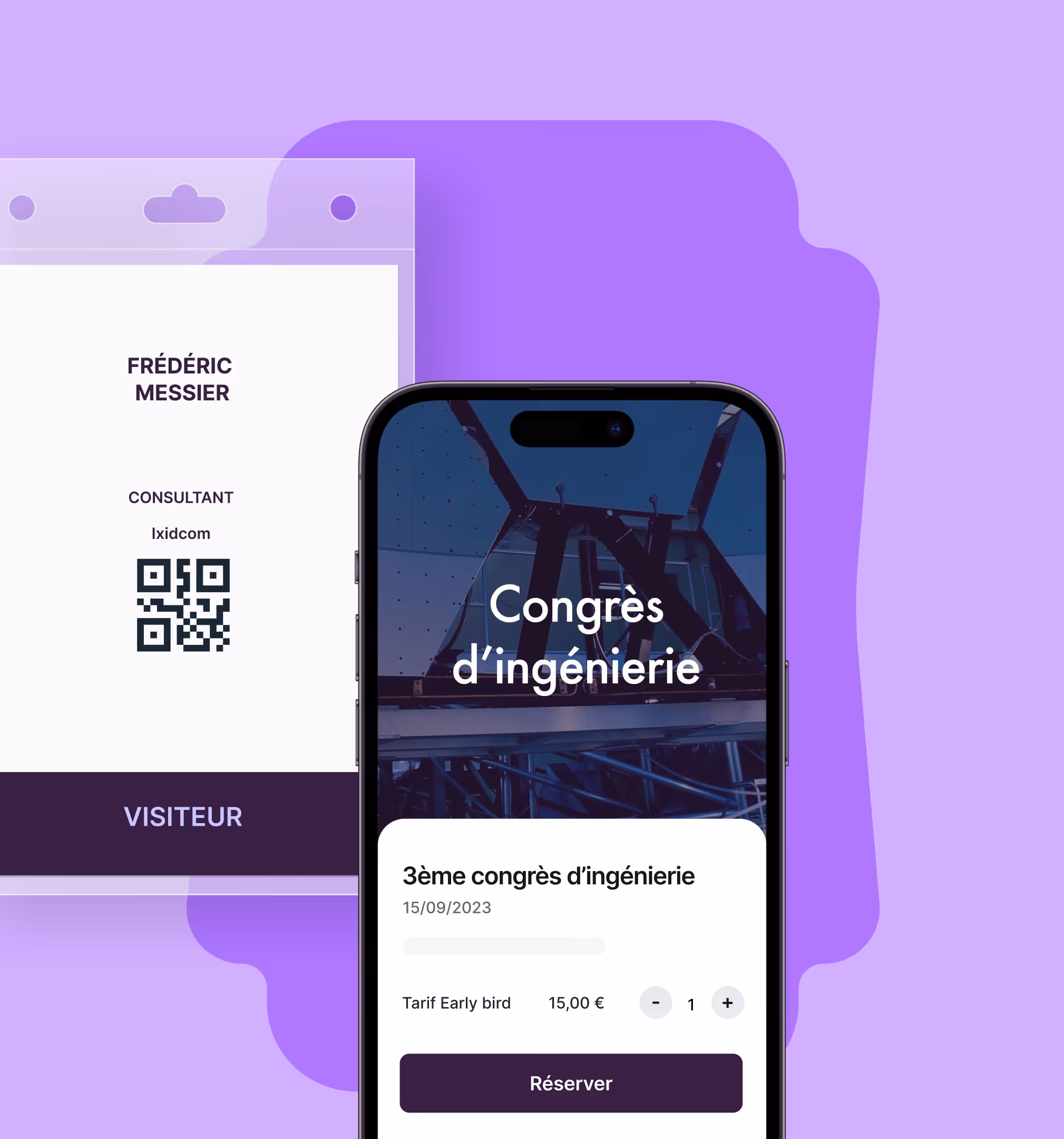 Badge visiteur pour Frédéric Messier consultant Ixidcom et écran mobile pour réserver au congrès d'ingénierie