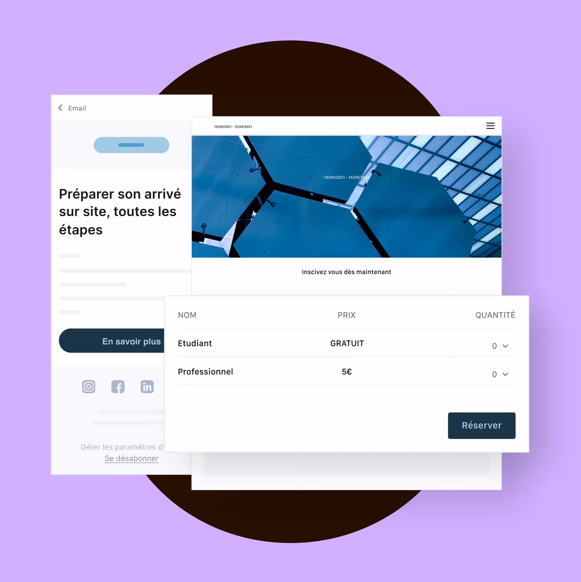 Interface en français pour préparation arrivée site, inscription, tarifs étudiant gratuit et professionnel à 5€.