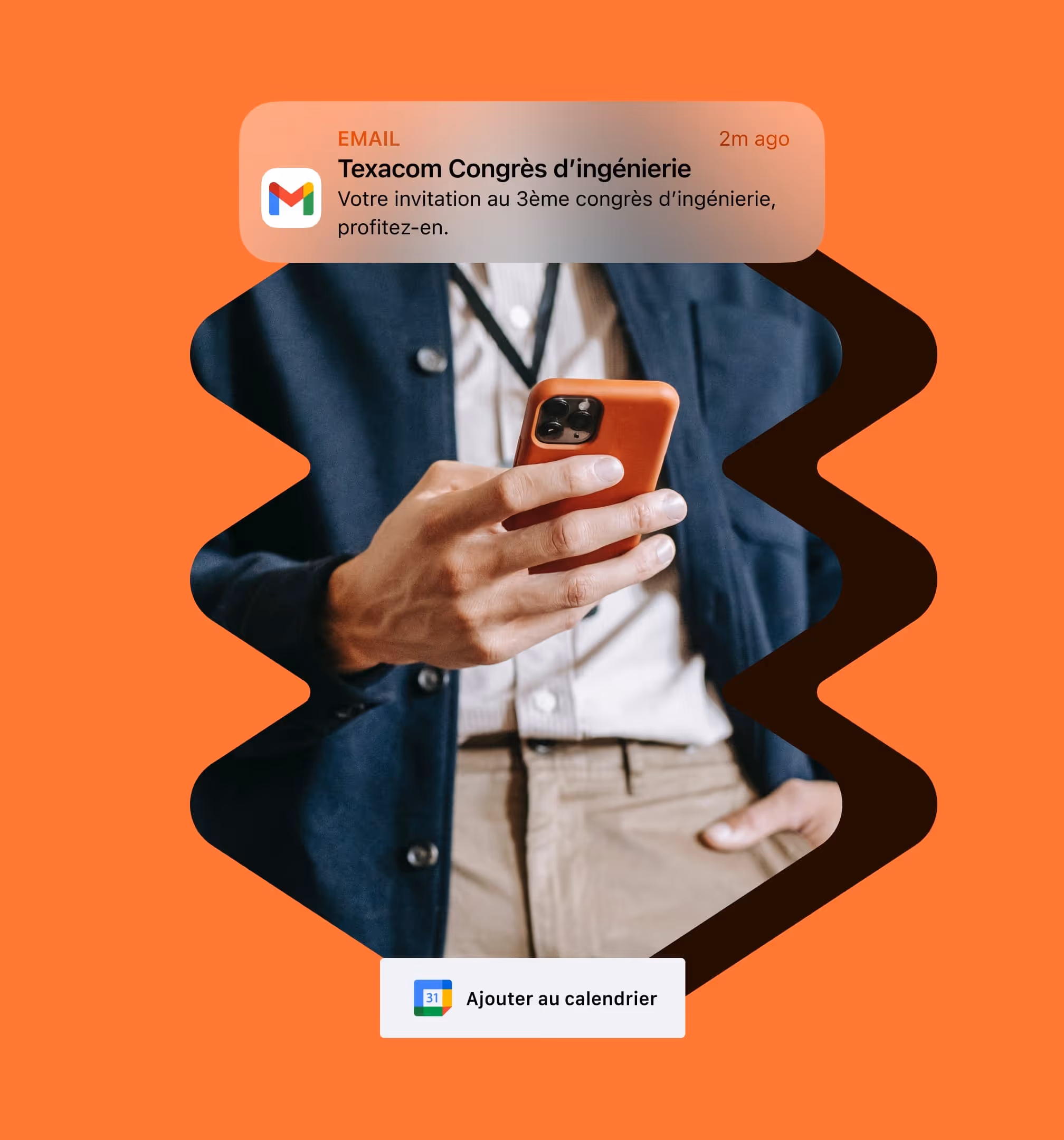 Personne tenant un téléphone avec notification d'invitation au 3ème congrès d'ingénierie.