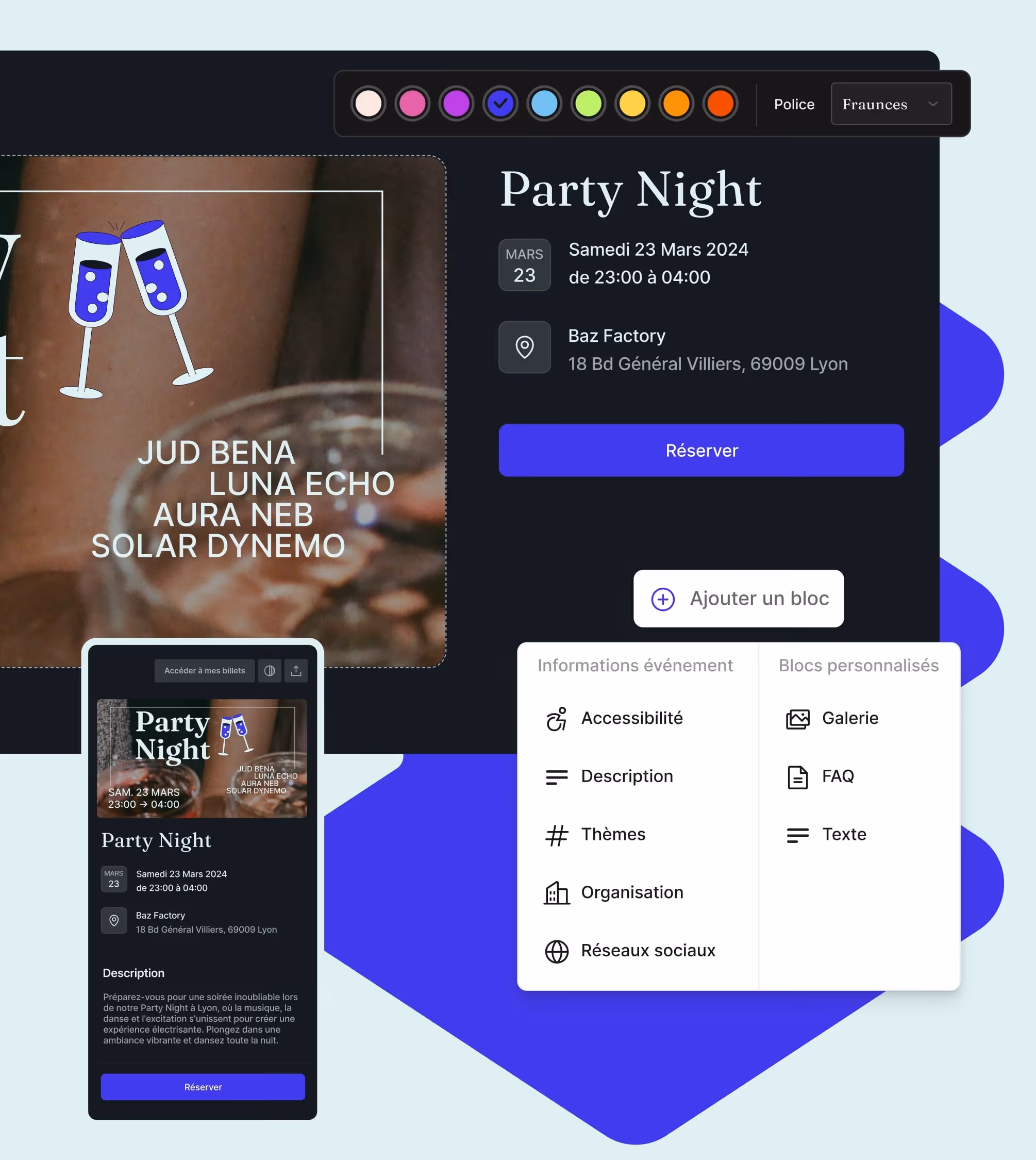 Interface de réservation pour Party Night avec date, lieu, artistes, description et options d'accessibilité.