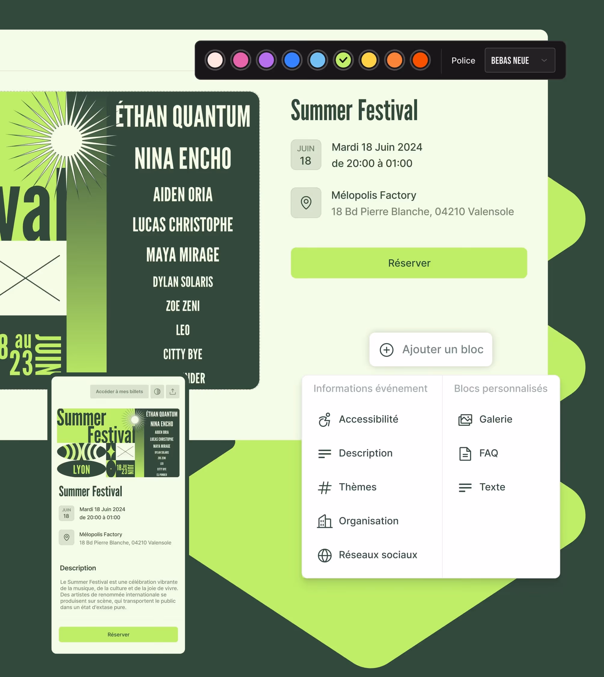 Interface de festival d'été avec détails, artistes, date, lieu, et options d'accessibilité et personnalisation.