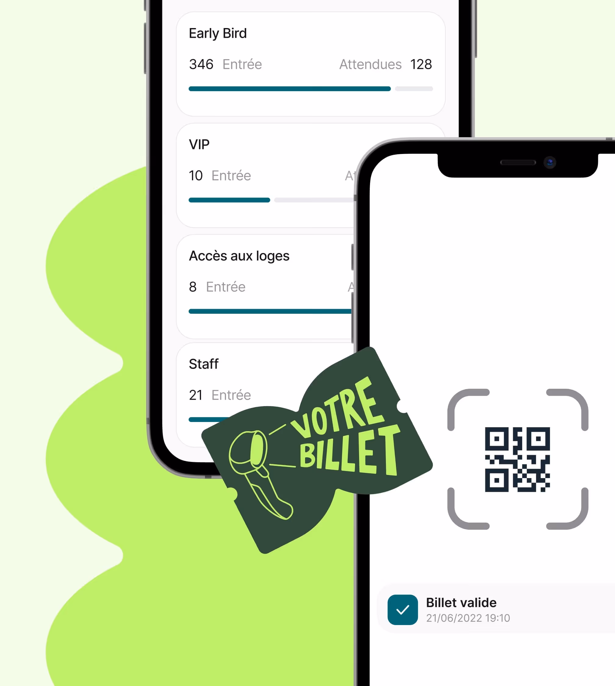 Interface d'application mobile montrant des billets d'entrée avec un QR code et la validation du billet.