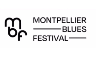 Logo du Montpellier Blues Festival avec lettres mbf stylisées et texte en noir sur fond blanc.