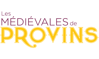 Logo des Médiévales de Provins avec texte en jaune et bordeaux.