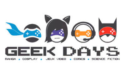 Logo Geek Days avec quatre visages stylisés portant casques de jeu vidéo colorés.