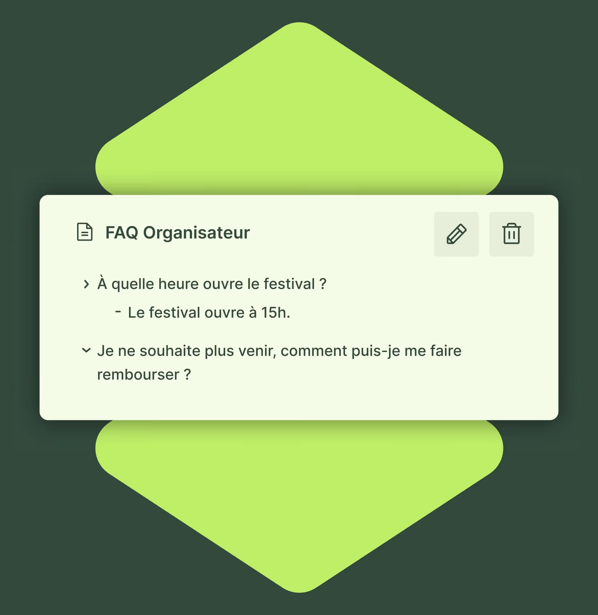 FAQ organisateur avec questions sur l'heure d'ouverture du festival et remboursement.