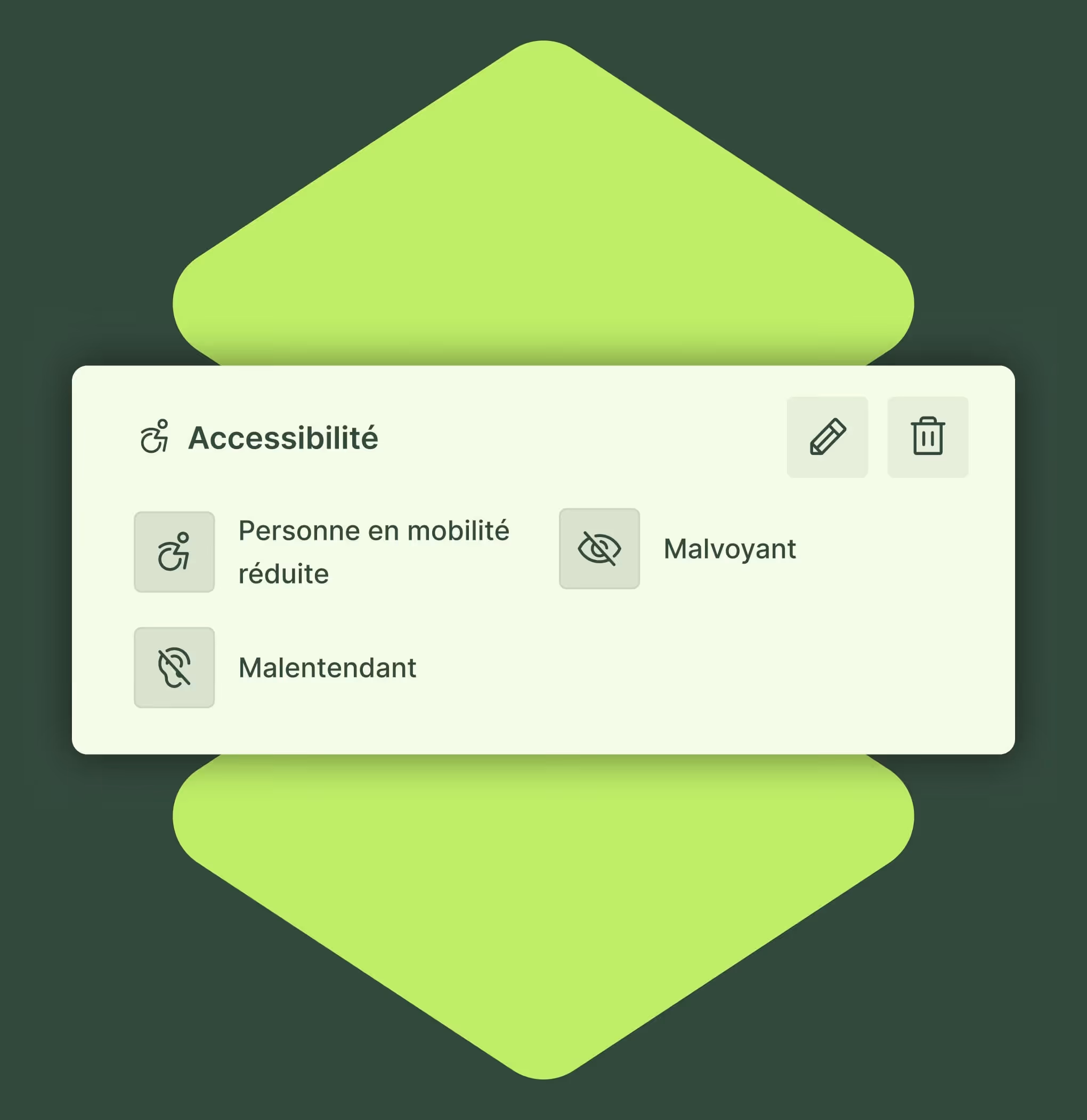 Bloc de paramètres d'accessibilité avec options pour mobilité réduite, malvoyant et malentendant.