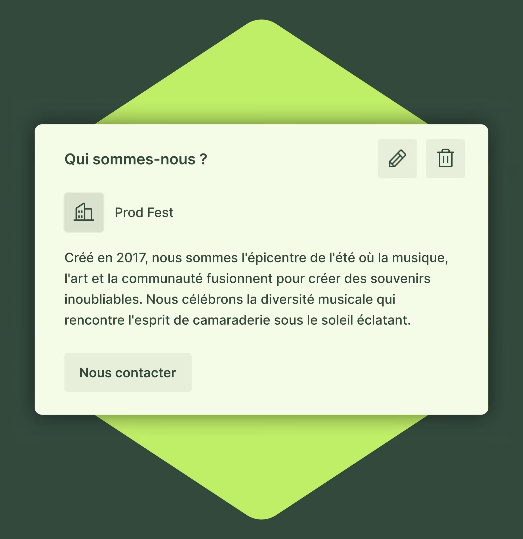 Carte présentant Prod Fest, un festival créé en 2017 mêlant musique, art et communauté en été.