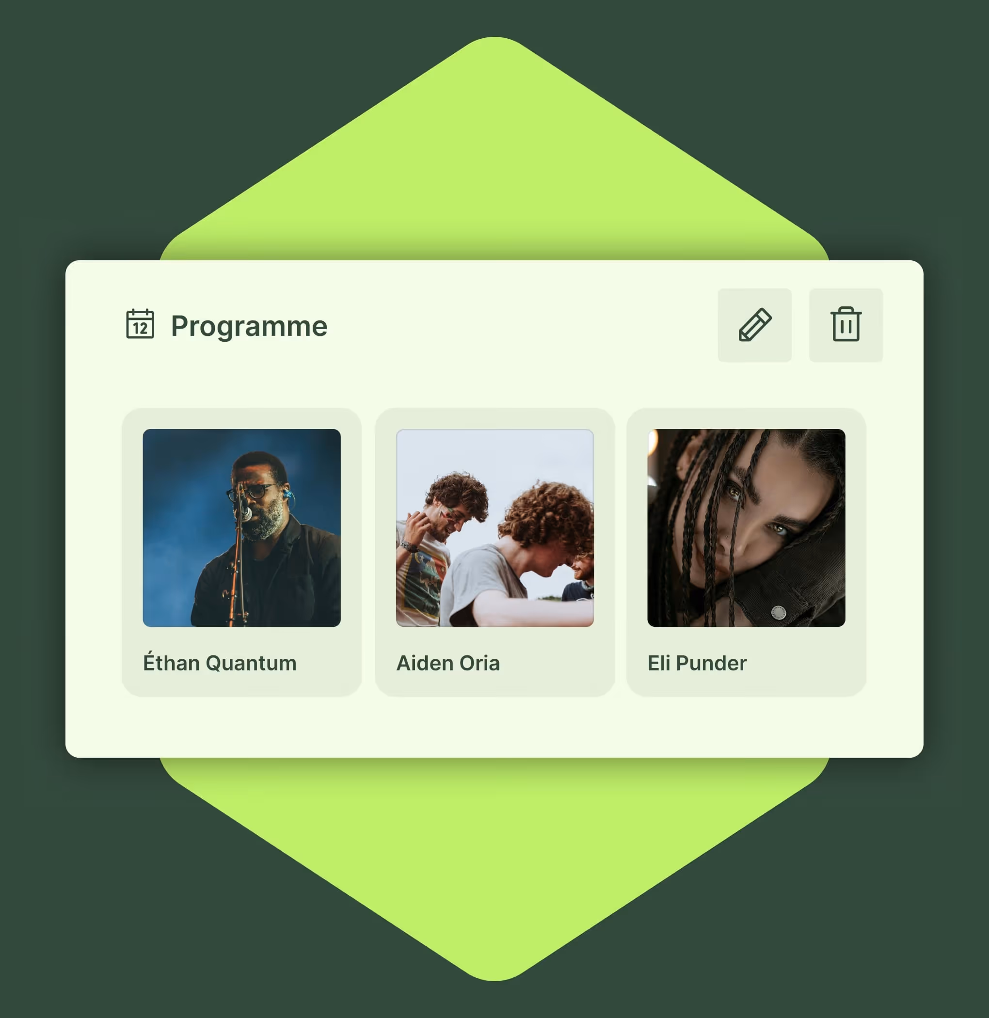 Programme avec photos de trois artistes : Éthan Quantum, Aiden Oria, et Eli Punder.
