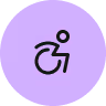 Icône de fauteuil roulant stylisé dans un cercle violet clair.