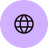 Icône de globe terrestre noire sur fond violet rond symbolisant internet ou langue.