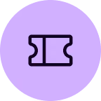 Icône de ticket stylisé sur cercle violet.