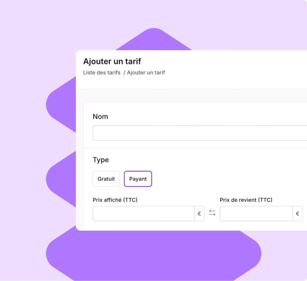 Formulaire pour ajouter un tarif avec champs pour nom, type (gratuit ou payant), prix affiché et prix de revient.