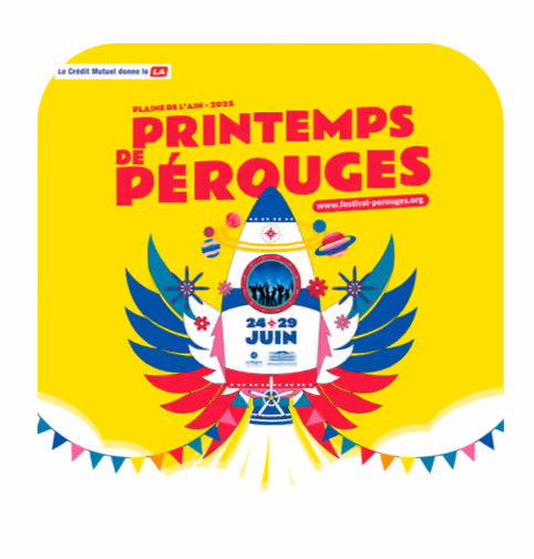 Affiche jaune et colorée du festival Le Printemps de Pérouges.