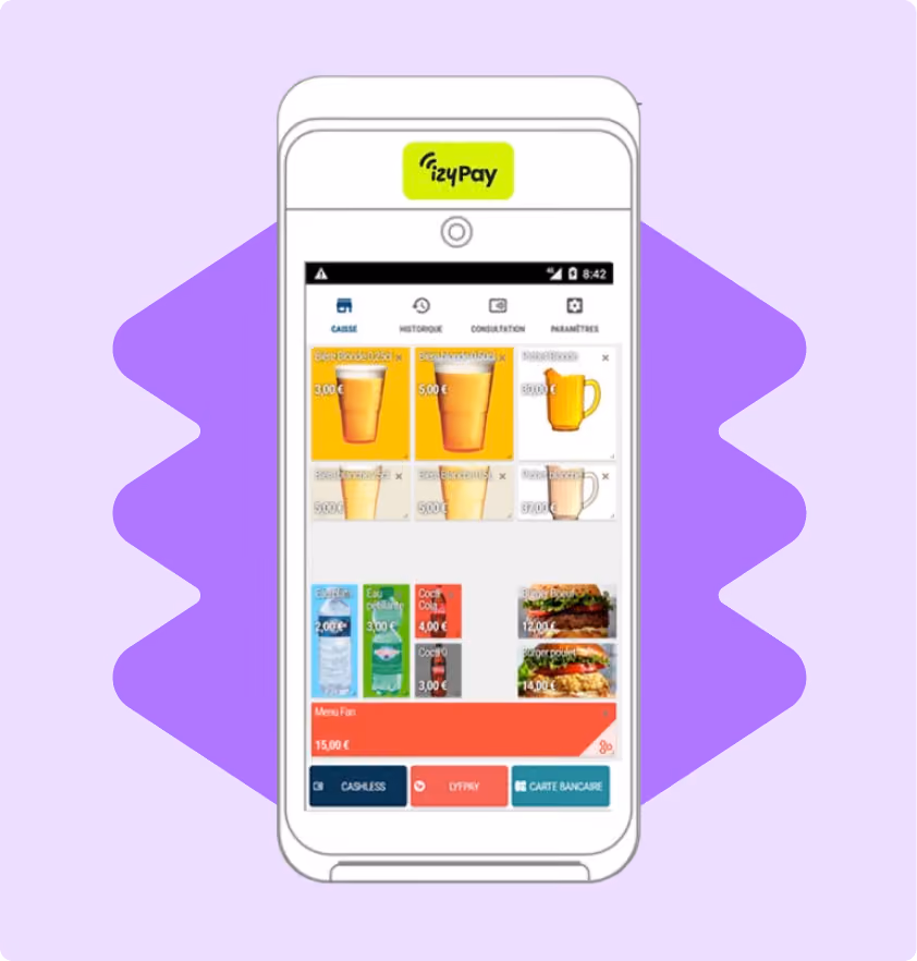 Interface d'application iZyPay affichant boissons et options de paiement sur un smartphone blanc.