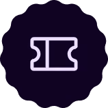 Icône de billet de ticket blanc sur fond rond violet foncé.