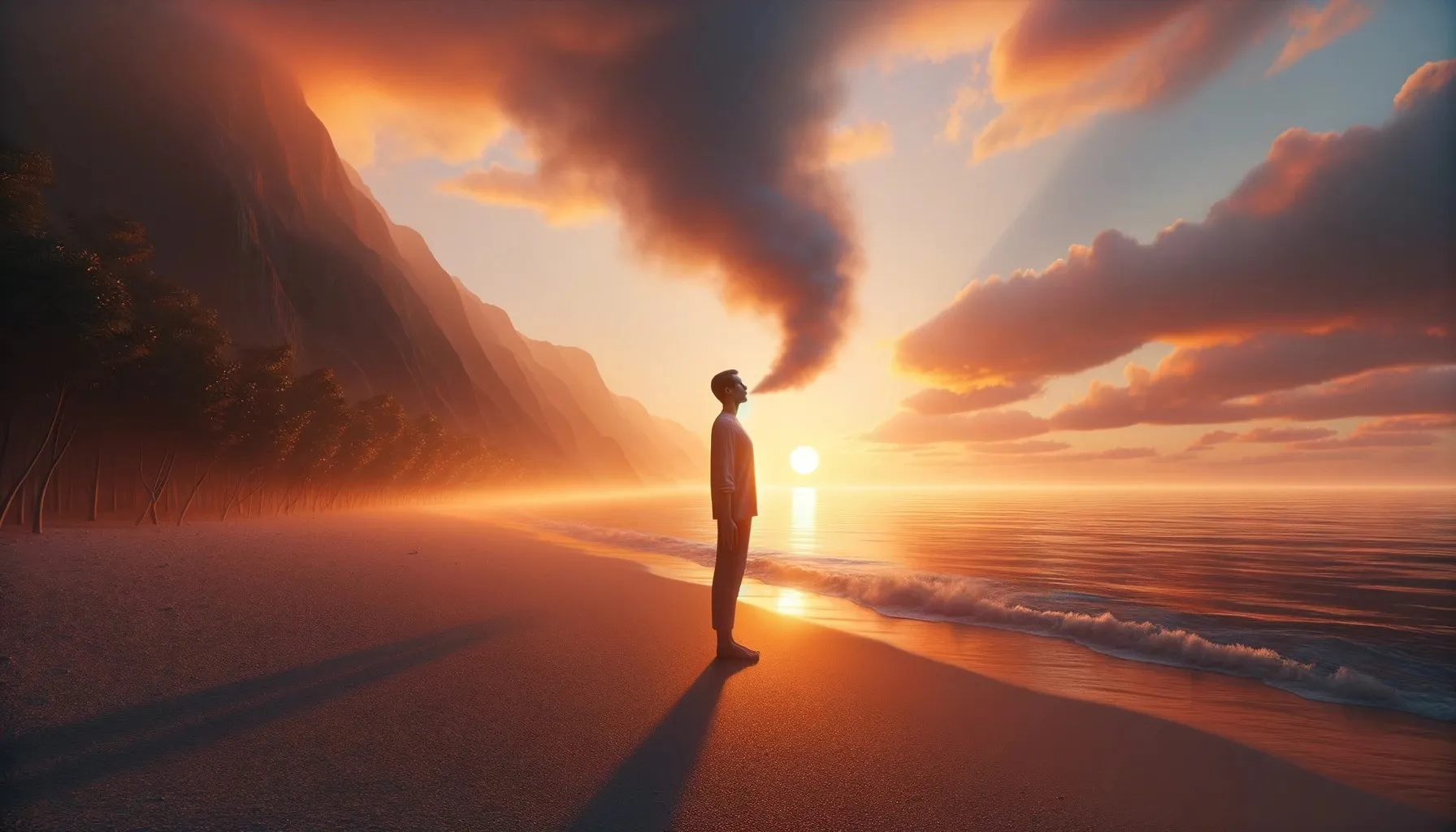 homme au bord d'une plage avec le coucher de soleil