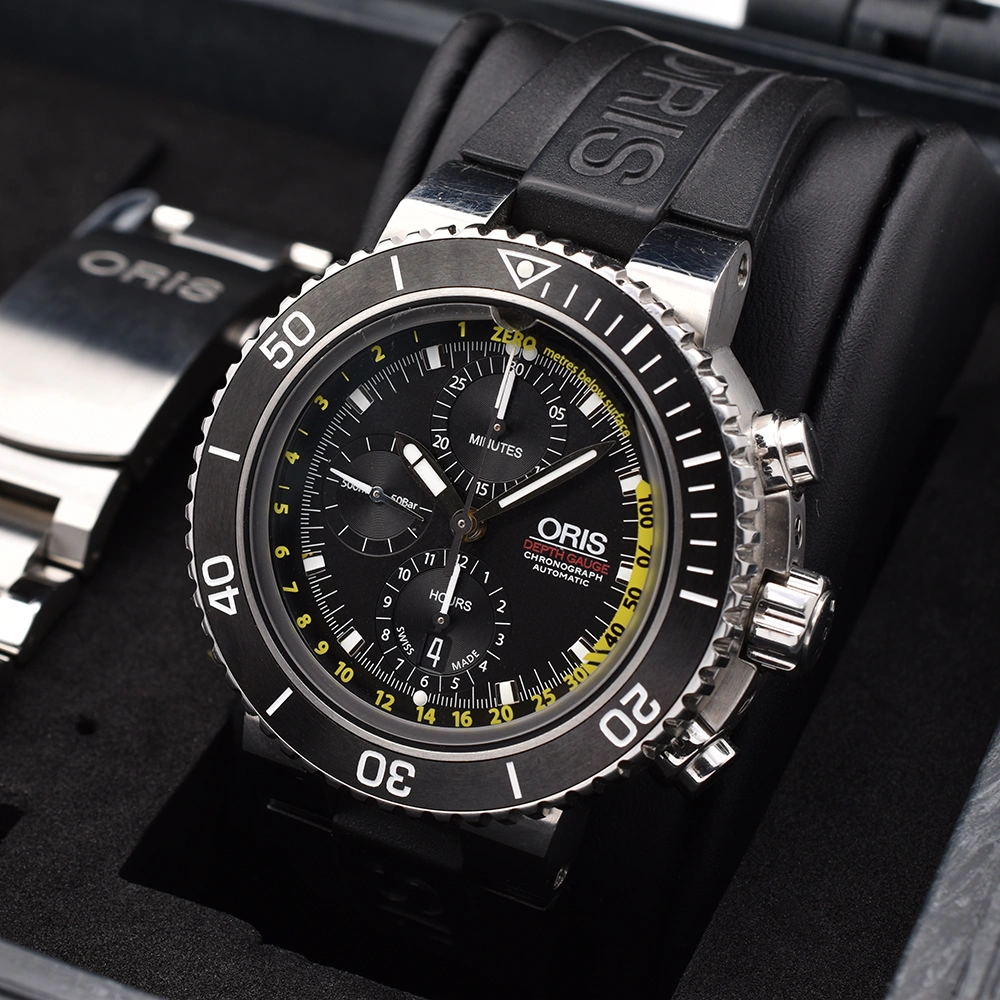 Close up image of the Oris Aquis Depth Gauge Chronograph 48mm 01 774 7708 4154-Set RS