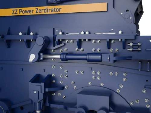 Detailansicht des ZZ Metallshredders von Lindemann vor weißem Hintergrund.