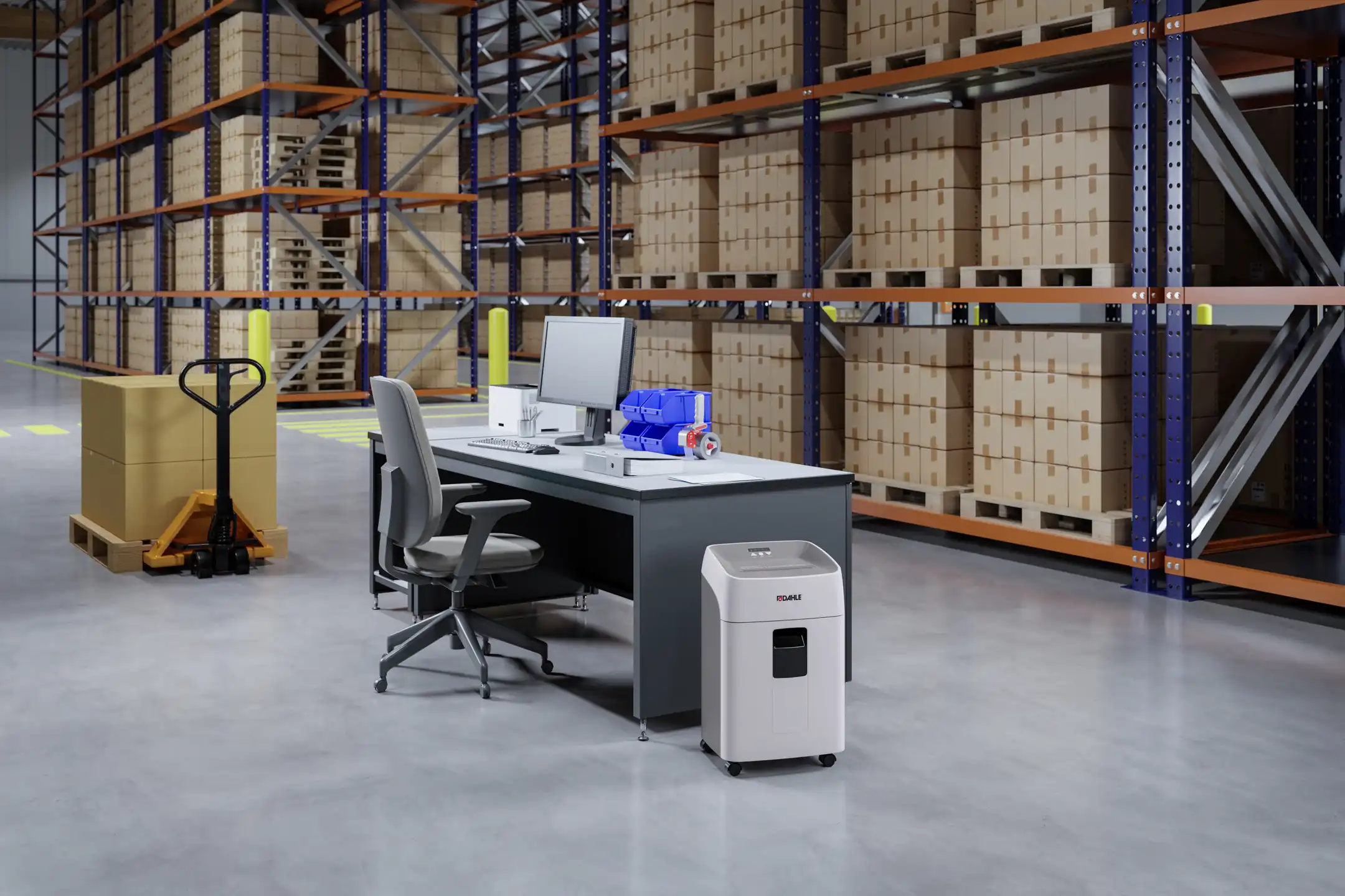 Dahle Shredmatic Aktenvernichter in einer Lagerhalle am Schreibtisch