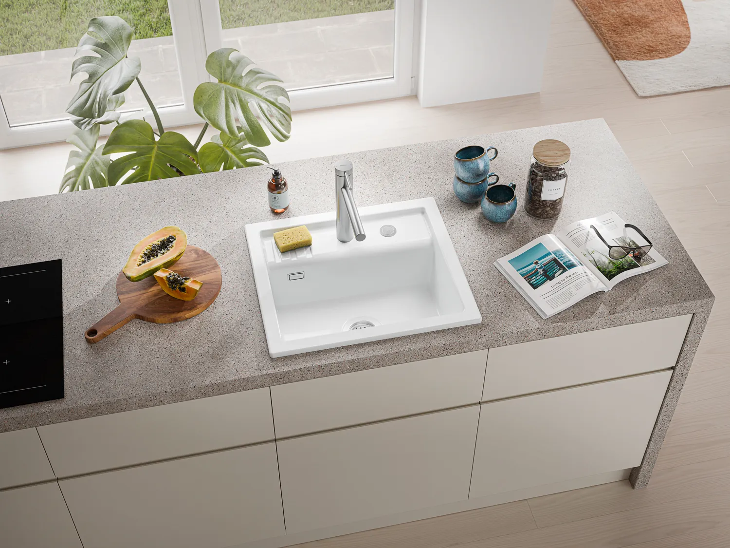 Naber Silqua Keramikspüle in Weiß in einer Küche.