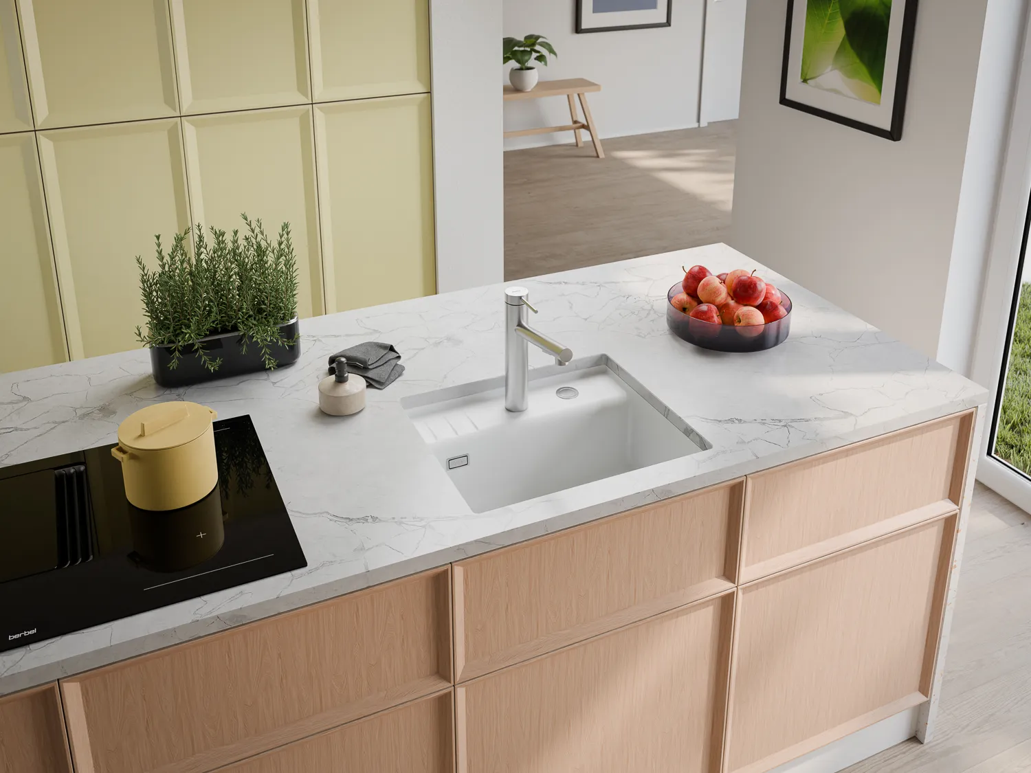 Naber Silqua Keramikspüle in Weiß als Unterbau Variante in einer Küchen Szenerie.