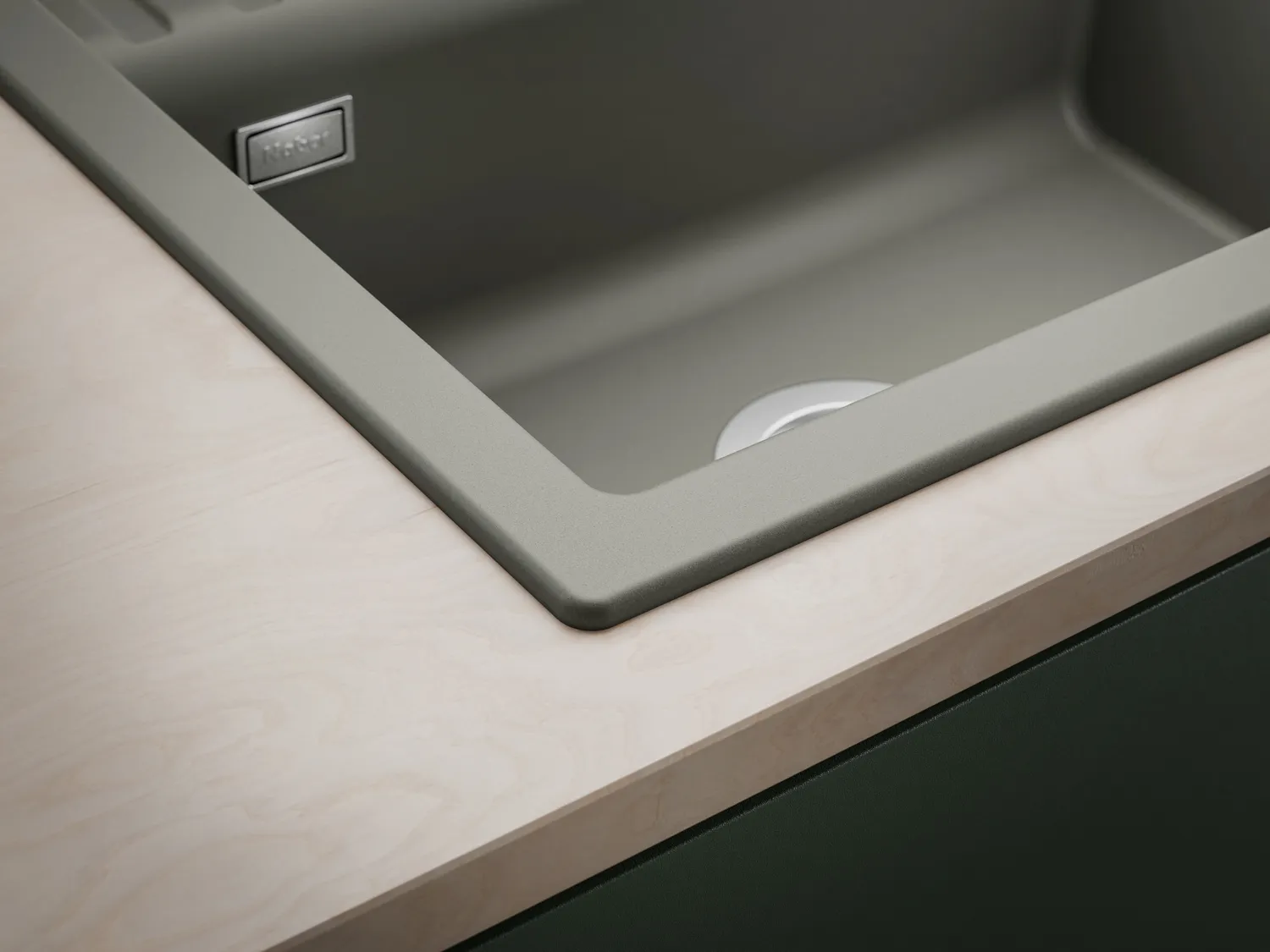 Naber Silqua Spüle in Grau in einer Küche, Detailaufnahme Ecke