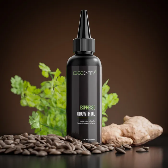 3D Packshot Rendering eines Haaröls mit ayurvedischen Inhaltsstoffen, drumerhum ist Ingewer und Koriander.