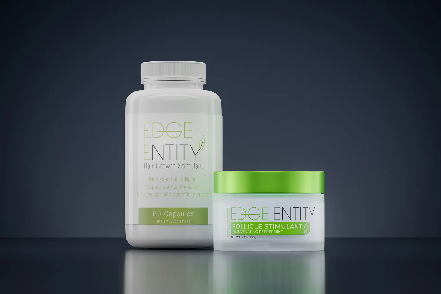 3D Packshot Rendering eines Nahrungsergänzungsmittels und einer Creme vor dunkel blauem Hintergrund