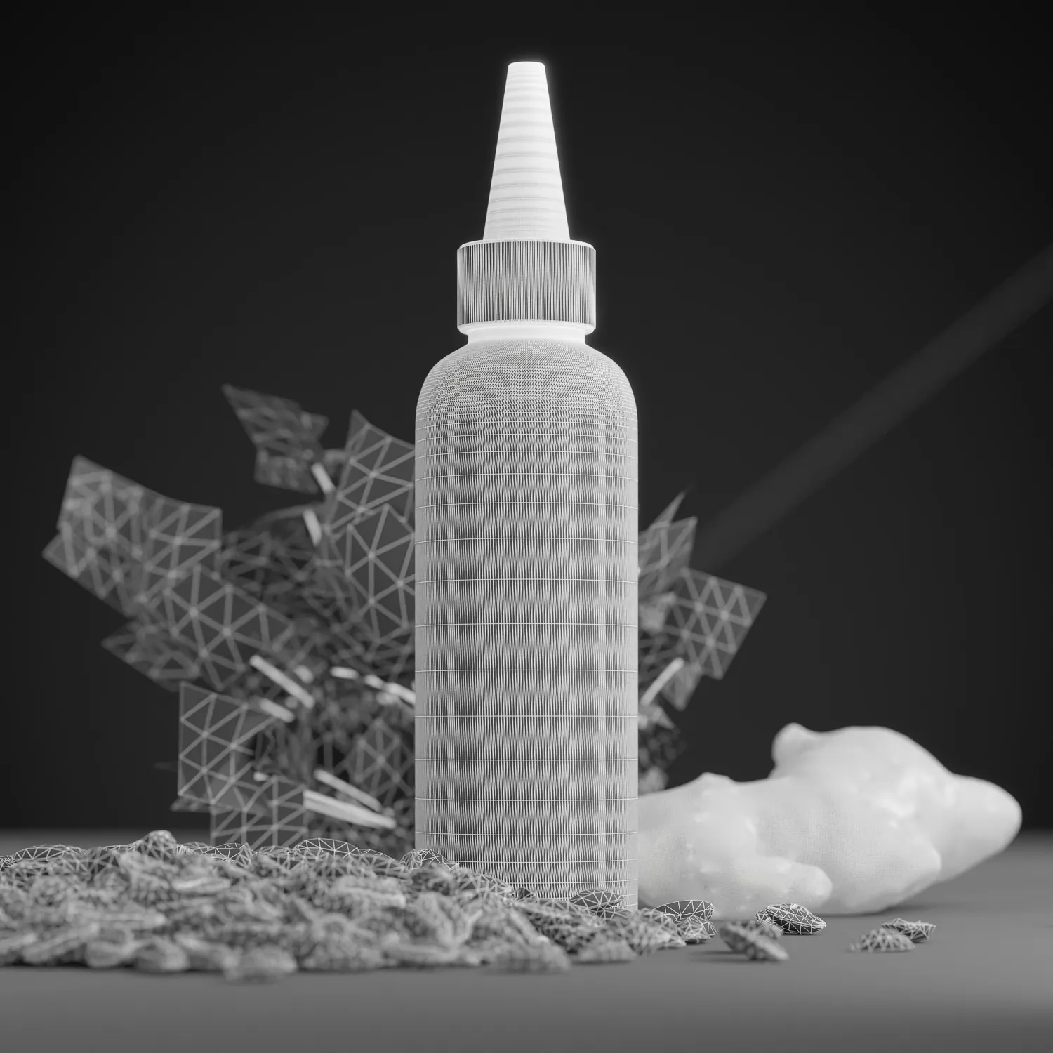 Wireframe Rendering eines Haaröls mit ayurvedischen Inhaltsstoffen, drumerhum ist Ingewer und Koriander.