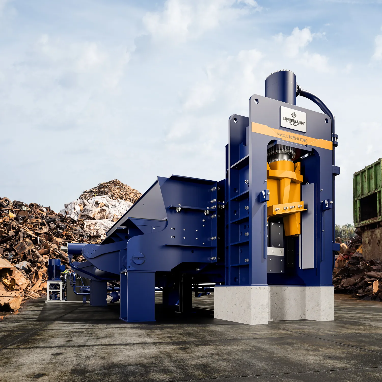 Outdoor Milieu der NxtCut Schrottschere von Lindemann auf einem Schrottplatz.