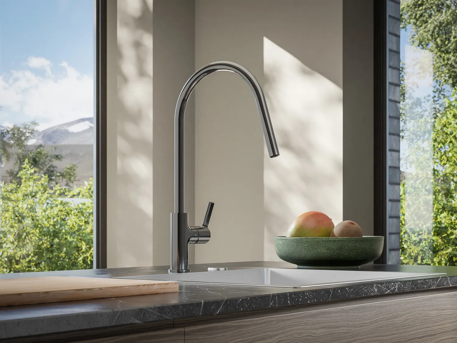 3D Milieu einer schlanken Naber Armatur in einer Küche im Feng Shui design.