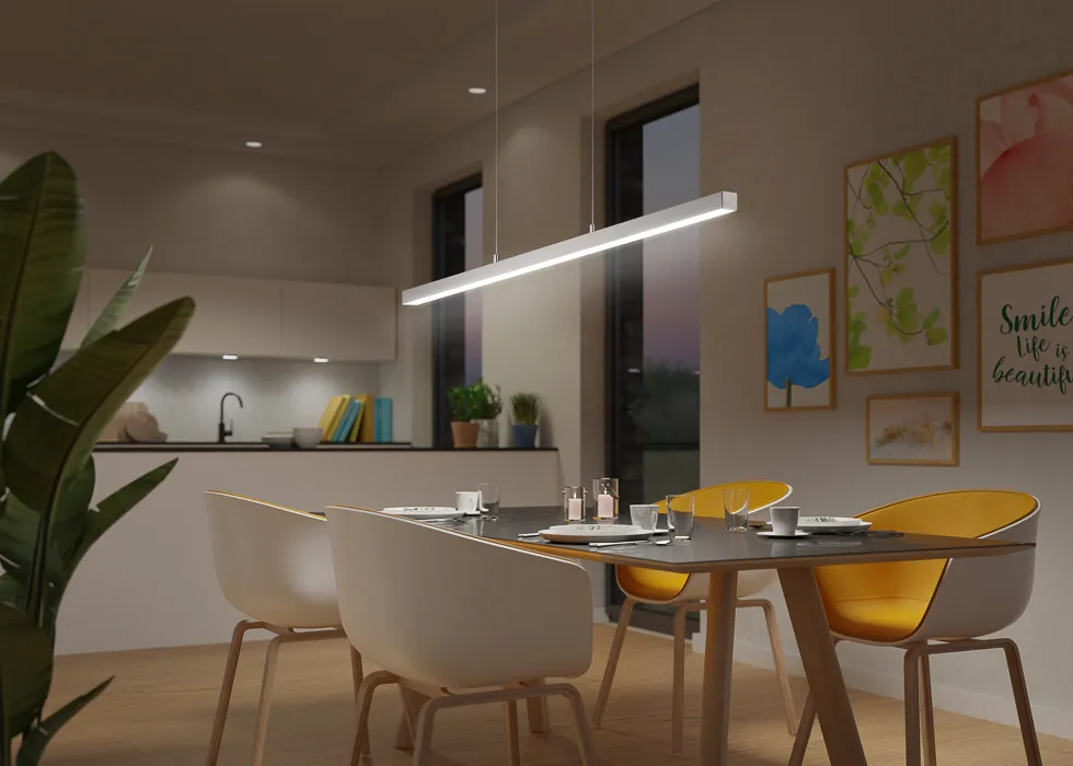 3D Produktvisualisierung einer Pendelleuchte von Naber Lumica in einer Feng Shui Küche Küche