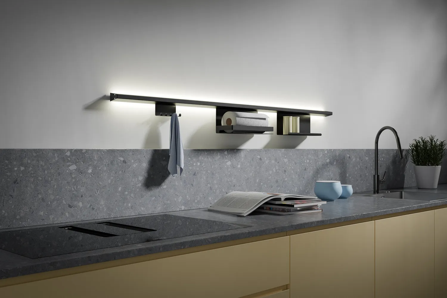 3D Küchen Renderings von "Transform" Reling und Regalsystemen in einer Feng Shui Küche