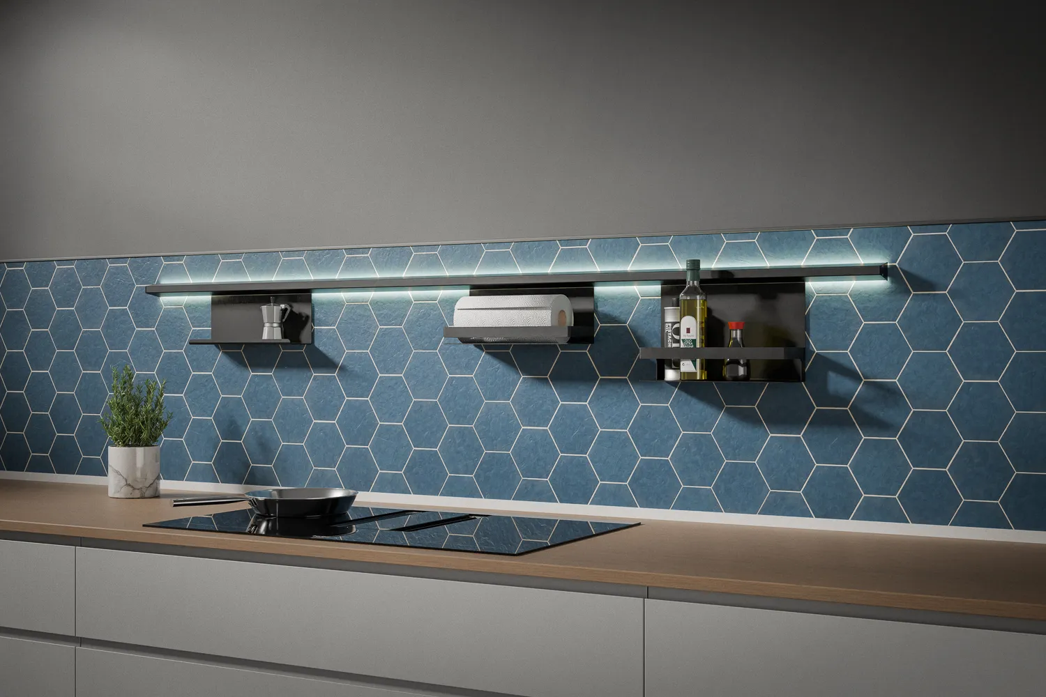 3D Küchen Renderings von "Transform" Reling und Regalsystemen in einer Küche mit blauen Fliesen