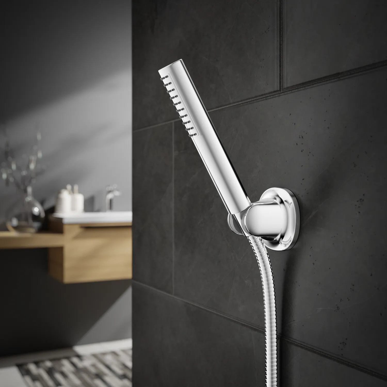 Amazon Duschkopfhalterung in Chrom an einer Wand im Badezimmer - 3D Milieu