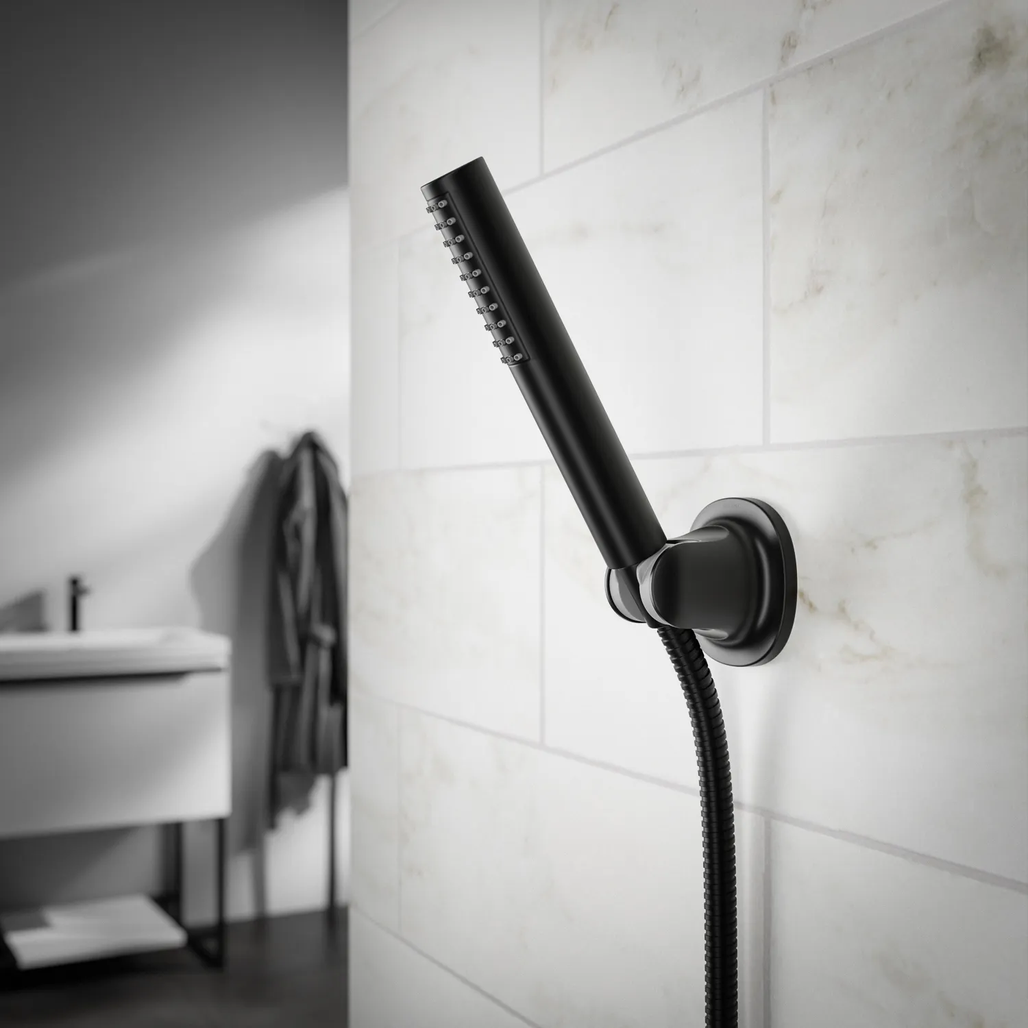 Amazon Duschkopfhalterung in Schwarz an einer Wand im Badezimmer - 3D Milieu