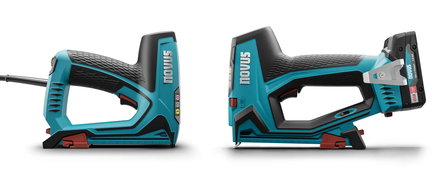 Novus J550 Akkutacker steht gegenüber einen J50 Tacker mit Kabel