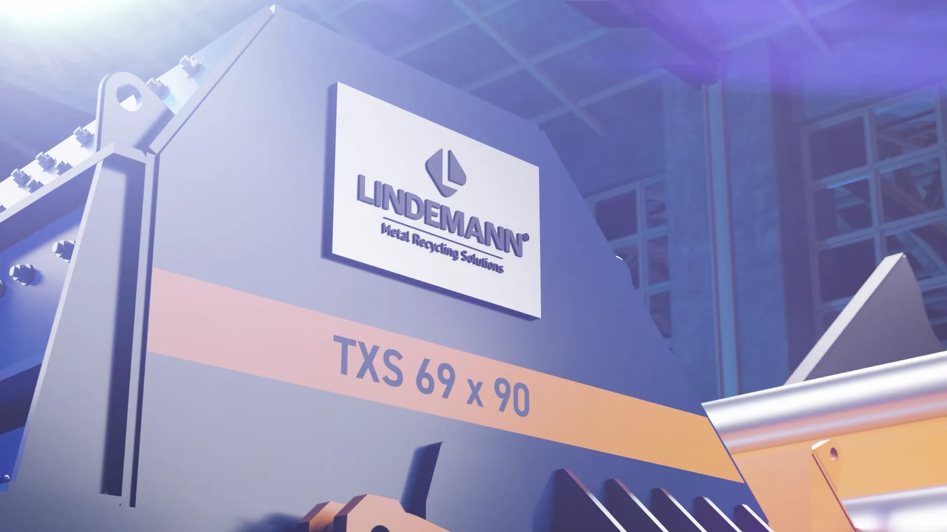 Seitliche 3D-Ansicht der Lindemann TXS-Shredder-Anlage im Release-Video – STUDIO KALZ