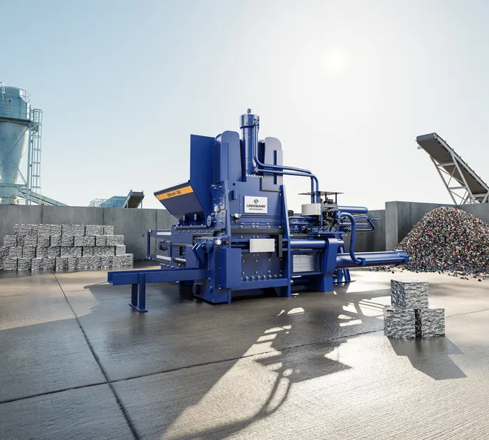 3D-Milieurendering der Lindemann Eta Press Schrottpresse auf dem Schrottplatz – STUDIO KALZ