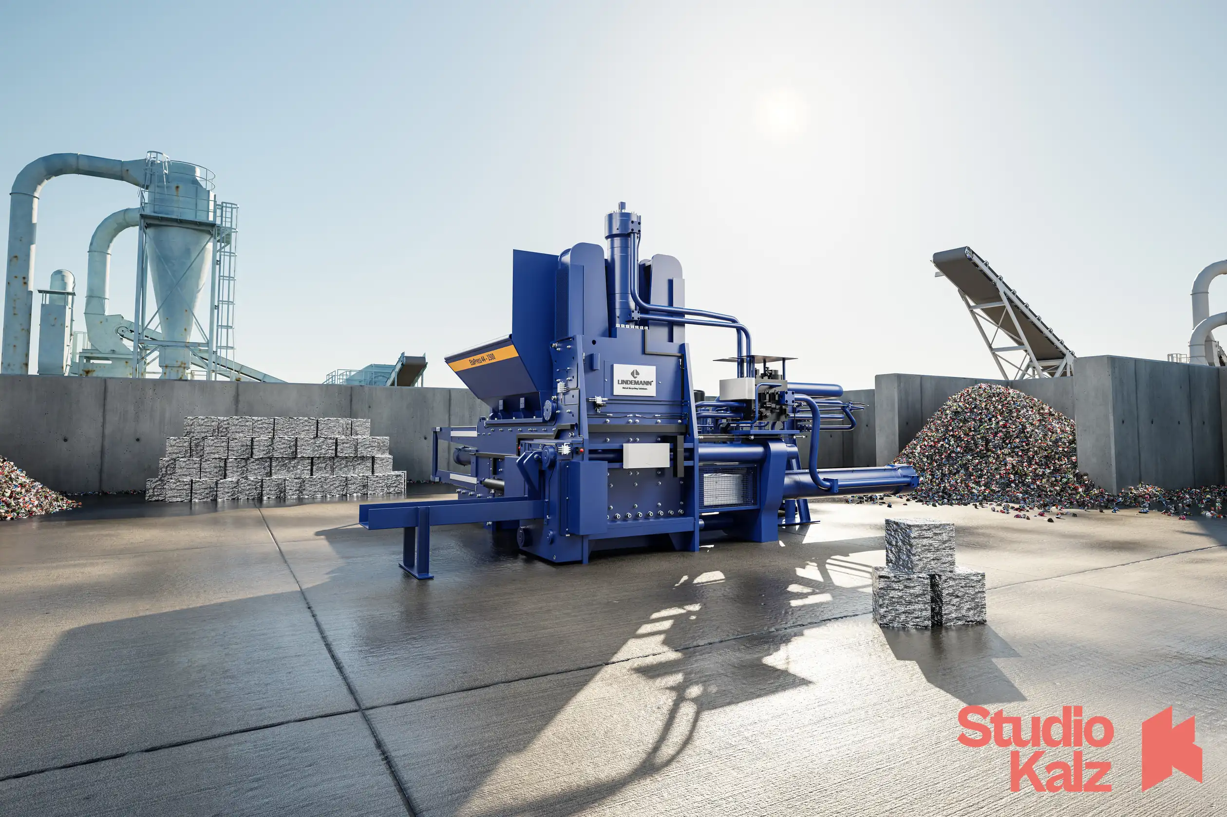 Lindemann Eta Press Schrottpresse als 3D-Milieurendering auf dem Schrottplatz – STUDIO KALZ