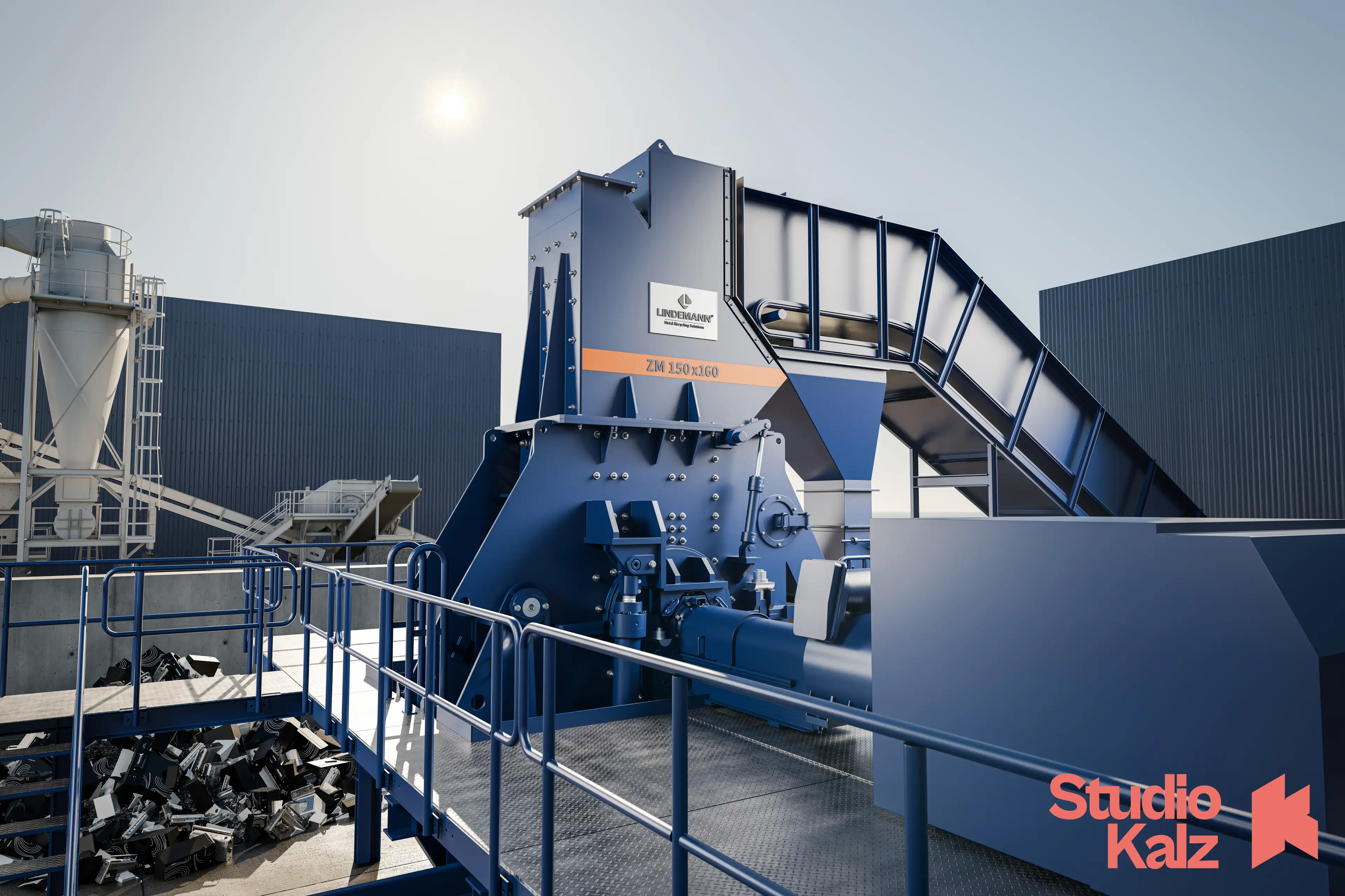 Lindemann ZM Schrottrecycling-Maschine als 3D-Milieurendering auf dem Schrottplatz – STUDIO KALZ