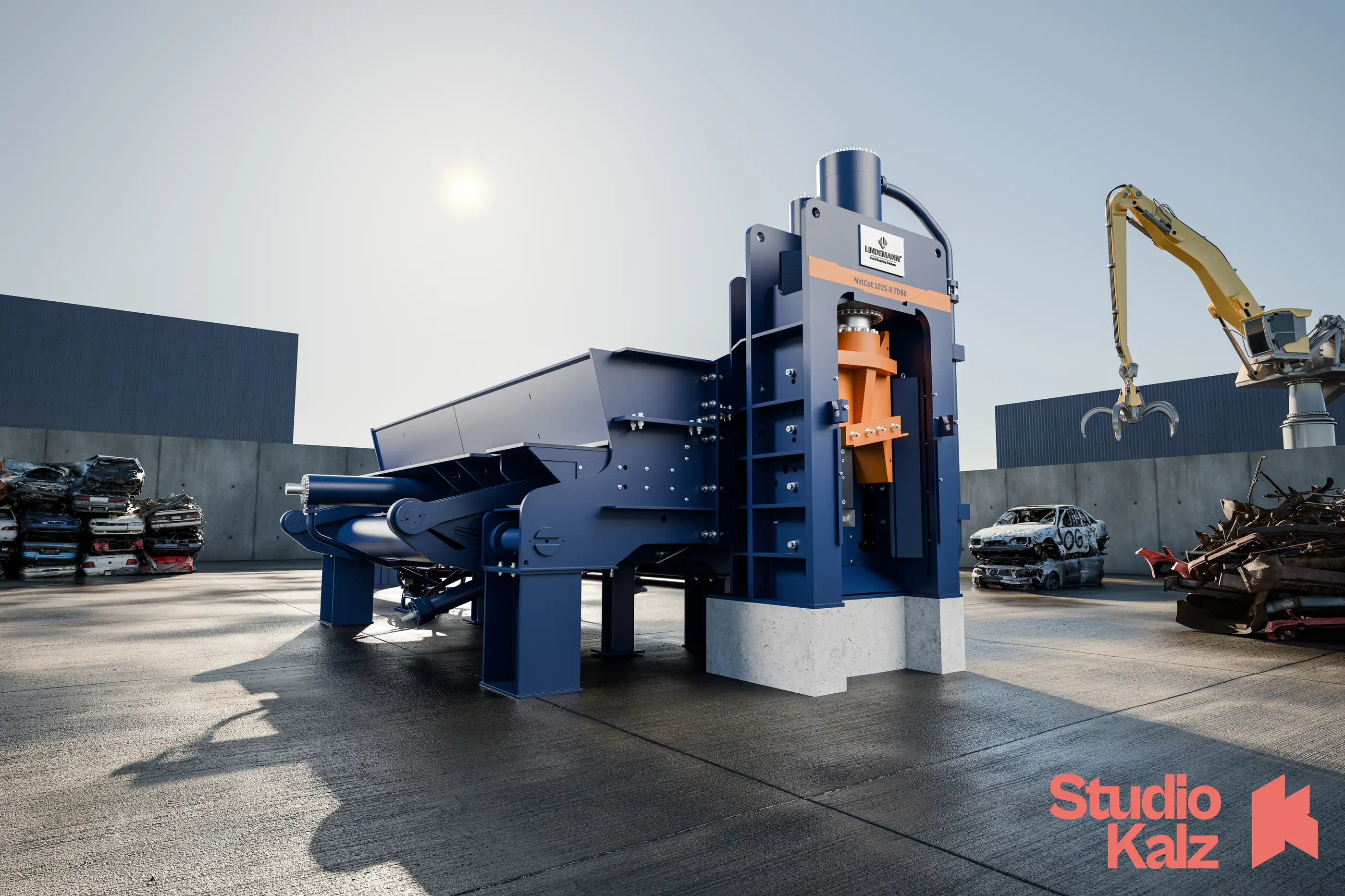 Lindemann NxtCut Schrottschere als 3D-Milieurendering auf dem Schrottplatz – STUDIO KALZ
