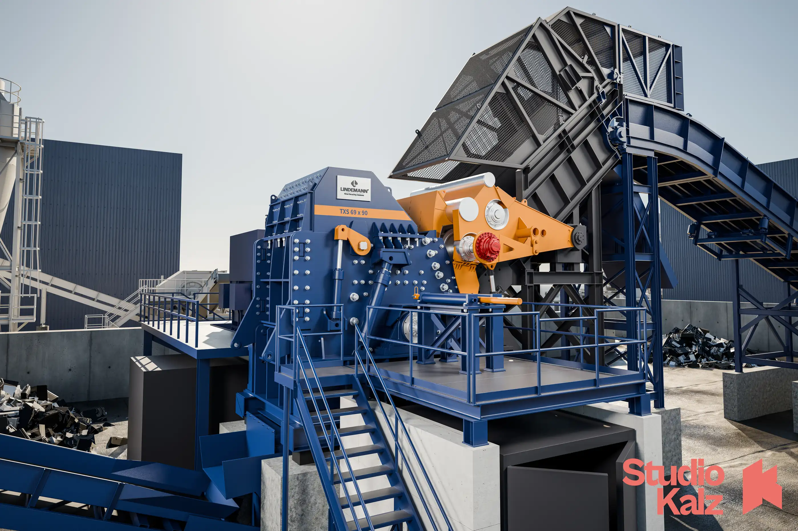 Lindemann TXS Shredder als 3D-Milieurendering auf dem Schrottplatz – STUDIO KALZ